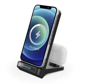 Aligator Stojánek s bezdrátovým nabíjením 15W a USB-C konektorem, 2v1, černý - obrázek 2