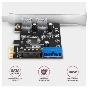 AXAGON PCEU-232RS, PCIe řadič, 2+2x USB 5Gbps port, SATA napájení, Renesas PD720201, SP & LP - obrázek 4