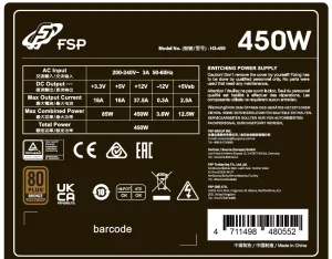 FSP HYPER 80+ PRO/450W/ATX 3.0/80PLUS Bronze 230V/Bulk - obrázek 2