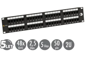 19" patch panel Solarix 48 x RJ45 CAT6 UTP 350 MHz černý 2U SX48-6-UTP-BK