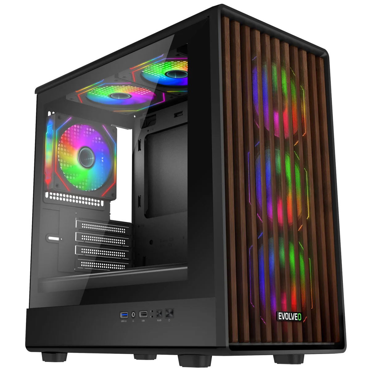 EVOLVEO Panthera, mATX/6x ARGB 120/dřevo+sklo