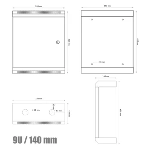 10" rack jednodílný 9U/140 DATACOM černý plech.dveře - obrázek 2