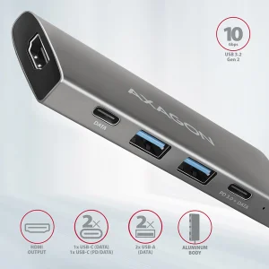 AXAGON HMC-5G21, USB 10Gb/s hub, porty 2x USB-A, 2x USB-C, HDMI 4k/30, PD 60W, kabel USB-C 13cm - obrázek 2
