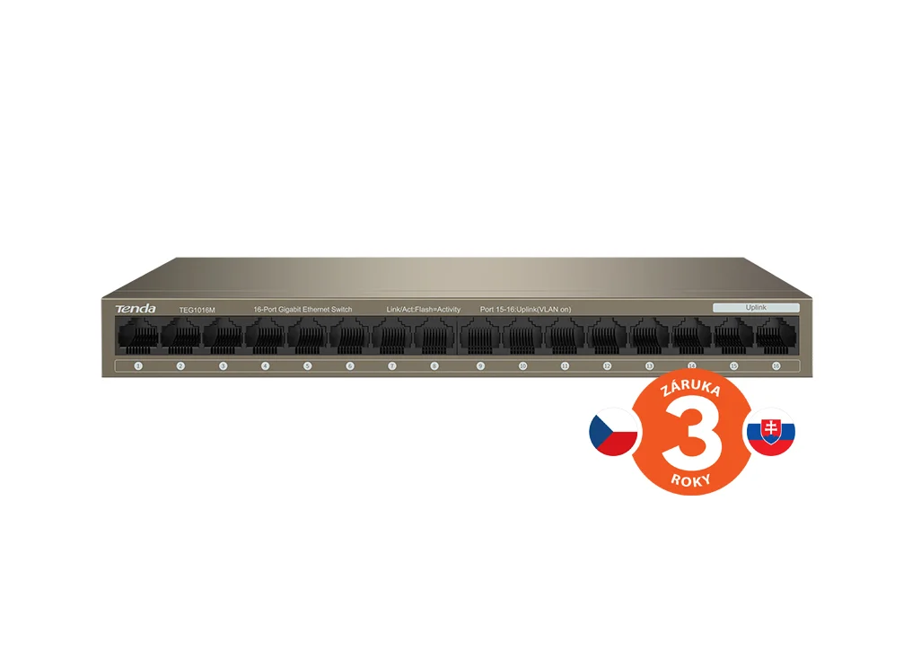 Tenda TEG1016M 16-port Gigabit Switch, 16x 10/100/1000 Mb/s, Fanless, MAC 8K, napájení AC/DC, i zeď