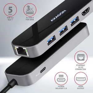 AXAGON HMC-6GL, USB 3.2 Gen 1 hub, 3x USB-A, HDMI 4k/30Hz, RJ-45 GLAN, PD 100W, kabel USB-C 20cm - obrázek 5