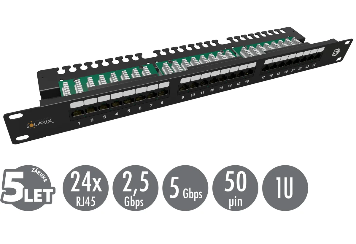 19" patch panel Solarix 24 x RJ45 CAT5E UTP s vyvazovací lištou 1U SX24L-5E-UTP-BK-N