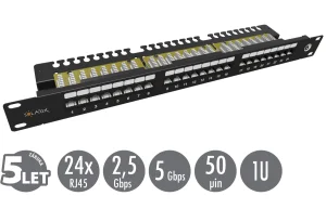 19" patch panel Solarix 24 x RJ45 CAT6 UTP s vyvazovací lištou 1U SX24L-6-UTP-BK-N