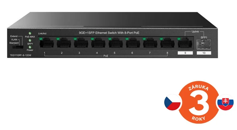 Tenda TEG1110PF-8-120W PoE+ AT switch 8xPoE 802.3af/at + Uplink RJ45 + SFP port, 110W, PoE+, fanless