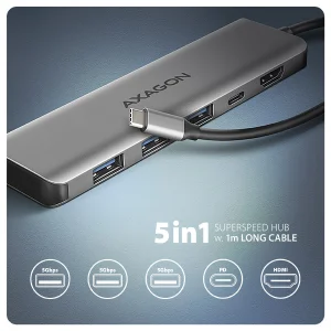 AXAGON HMC-5H, USB 5Gbps hub, 3x USB-A, HDMI 4k/30Hz, PD 100W, kabel USB-C 100cm - obrázek 7