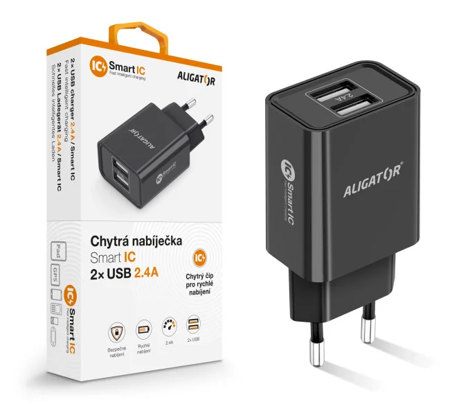 Chytrá síťová nabíječka ALIGATOR 2,4A, 2xUSB, smart IC, černá