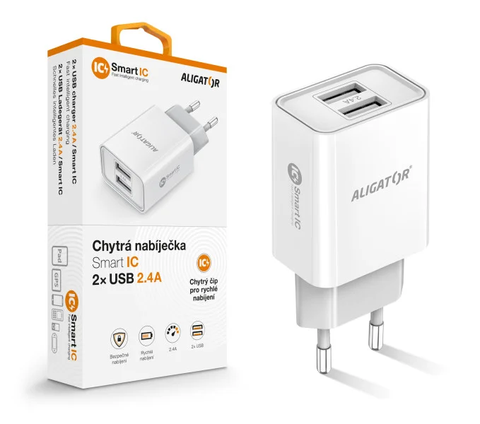 Chytrá síťová nabíječka ALIGATOR 2,4A, 2xUSB, smart IC, bílá