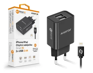 Chytrá síťová nabíječka ALIGATOR 2,4A, 2xUSB, smart IC, černá, USB kabel pro iPhone/iPad