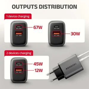 AXAGON ACU-PQ67D GaN nabíječka do sítě 67W, USB-A + USB-C, PD3.0/PPS/QC4+/SFC2.0/Apple, LCD display - obrázek 11