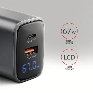 AXAGON ACU-PQ67D GaN nabíječka do sítě 67W, USB-A + USB-C, PD3.0/PPS/QC4+/SFC2.0/Apple, LCD display - obrázek 2