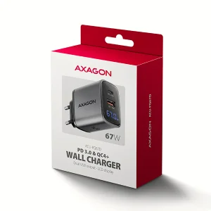 AXAGON ACU-PQ67D GaN nabíječka do sítě 67W, USB-A + USB-C, PD3.0/PPS/QC4+/SFC2.0/Apple, LCD display - obrázek 4