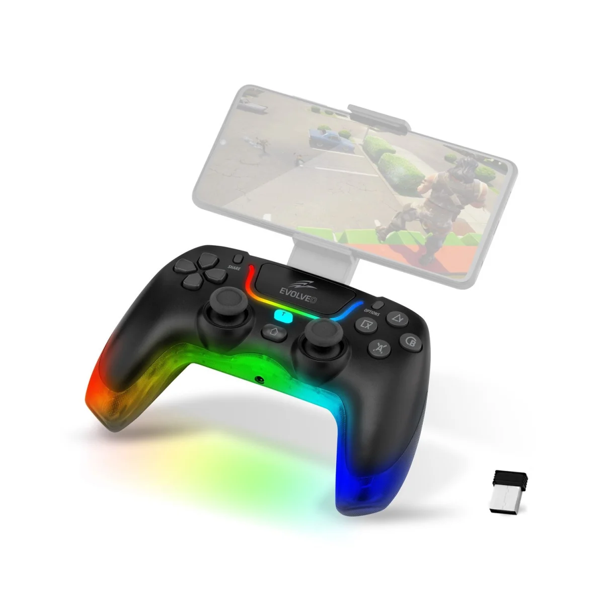 EVOLVEO Ptero2, bezdrátový & drátový gamepad pro PC, PS3/4/5, iOS, Android, Switch, černý