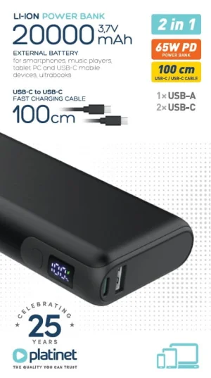 Platinet Powerbanka 20000 mAh 65W  Power Delivery, 2x USB-C, 1xUSB-A, kabel USB-C 1m, černá - obrázek 3