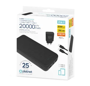 Platinet SET 3v1 Powerbanka 20000 mAh +  Nabíječka 20W Power Delivery, kabel USB-C 1m, černá - obrázek 6