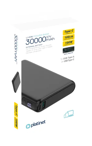 Platinet Powerbanka 30000 mAh 100W Power Delivery, 2xUSB-C, 1xUSB-A, černá - obrázek 3