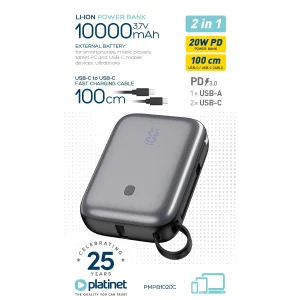 Platinet Powerbanka 10000 mAh 20W Power Delivery, 2xUSB-C, 1xUSB-A, kabel USB-C 1m, černá - obrázek 2