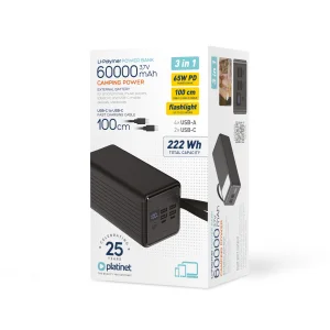 Platinet Powerbanka 60000 mAh 65W Power Delivery, 2xUSB-C, 2xUSB-A, kabel USB-C 1m, černá - obrázek 4