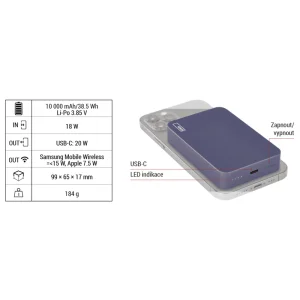 EMOS POWERBANKA WI 1046, bezdrátové nabíjení 20W, 10.000mAh, MODRÁ, 1xUSB-C - obrázek 2