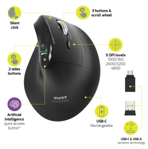 PORT CONNECT ERGO AUDITOR/Vertikální/Optická/Pro praváky/4 800 DPI/USB+BT/Černá - obrázek 7