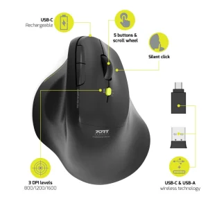 PORT CONNECT ERGO SOFT COLLECTION/Vertikální/Optická/Pro praváky/1 600 DPI/USB+BT/Černá - obrázek 5