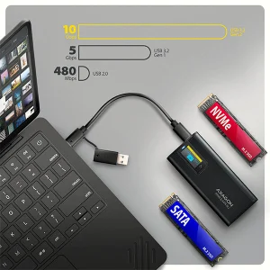 AXAGON EEM2-SD2B, USB-C 10Gbps externí box s displejem pro M.2 NVMe/SATA SSD, bezšroubkový, černý - obrázek 9