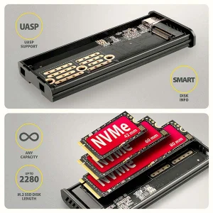 AXAGON EEM2-SD2B, USB-C 10Gbps externí box s displejem pro M.2 NVMe/SATA SSD, bezšroubkový, černý - obrázek 10
