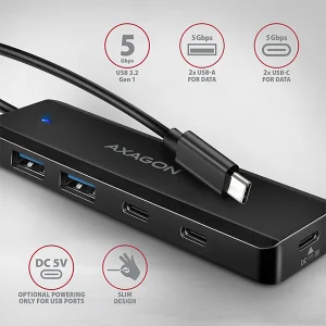 AXAGON HUE-C2C, 4× USB 5Gbps TRAVEL hub, 2× USB-A + 2× USB-C, USB-C napájení, kabel USB-C 19cm - obrázek 3