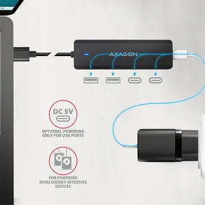 AXAGON HUE-C2A, 4× USB 5Gbps TRAVEL hub, 2× USB-A + 2× USB-C, USB-C napájení, kabel USB-A 19cm - obrázek 4