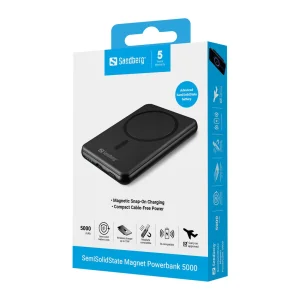 Sandberg SemiSolidState Magnet Powerbank 5000 mAh PD20W, magnetická powerbanka, černá - obrázek 2