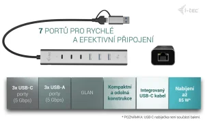 i-tec USB-C/USB-A Metal HUB 6 port (3x USB-C, 3x USB-A), LAN, Power Delivery 85W - obrázek 8