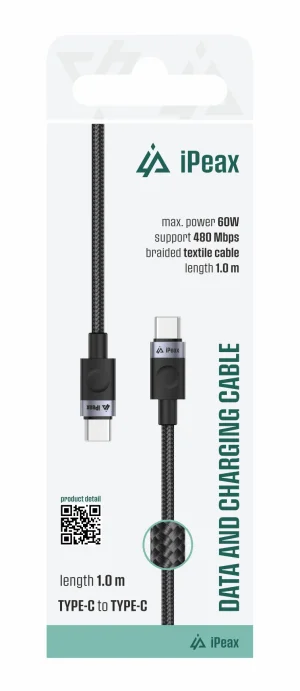 TEXTILNÍ KABEL USB-C / USB-C 1M, USB 2.0 ČERNÝ
