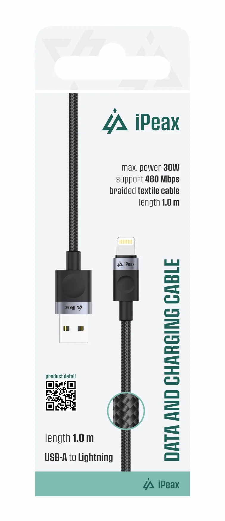 TEXTILNÍ KABEL USB-A / LIGHTNING 1M, USB 2.0 ČERNÝ