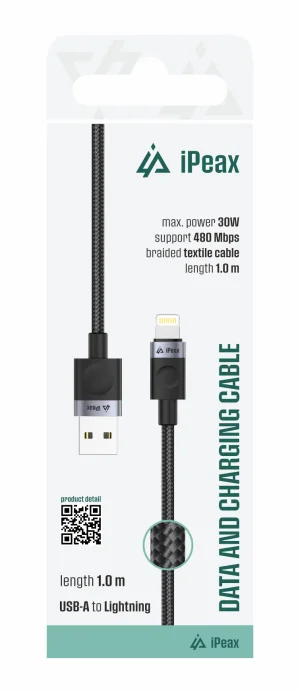 TEXTILNÍ KABEL USB-A / LIGHTNING 1M, USB 2.0 ČERNÝ