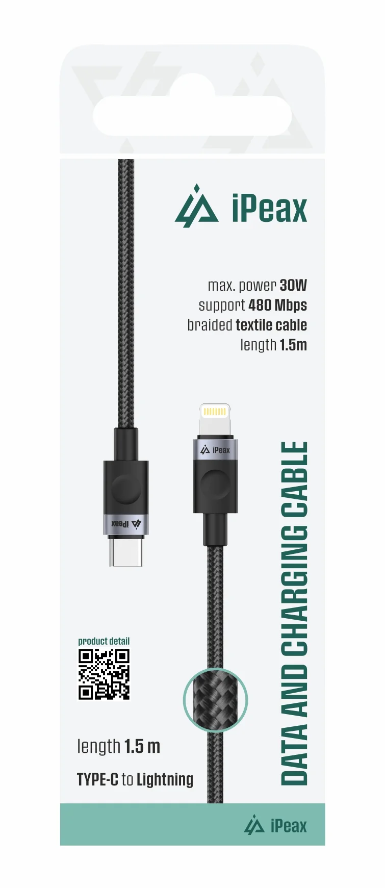 TEXTILNÍ KABEL USB-C/LIGHTNING 1,5M, USB 2.0 ČERNÝ