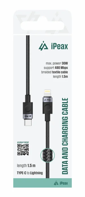 TEXTILNÍ KABEL USB-C/LIGHTNING 1,5M, USB 2.0 ČERNÝ