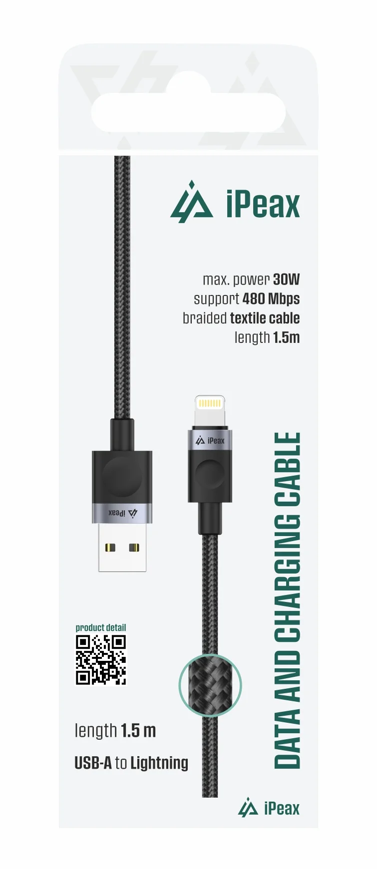 TEXTILNÍ KABEL USB-A/LIGHTNING 1,5M, USB 2.0 ČERNÝ
