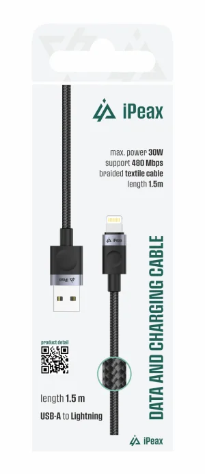 TEXTILNÍ KABEL USB-A/LIGHTNING 1,5M, USB 2.0 ČERNÝ