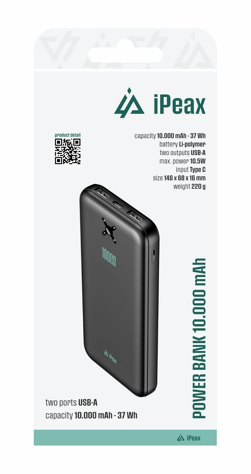 POWER BANKA 10000 mAh, 10,5W, 2x USB-A ČERNÁ
