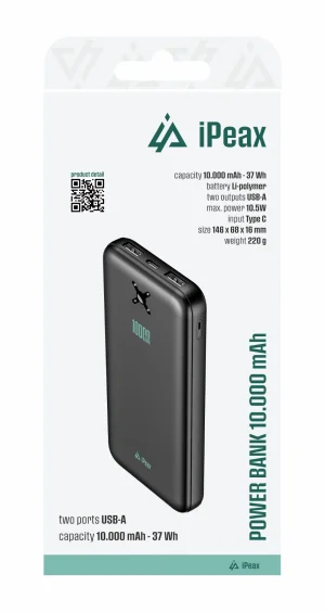 POWER BANKA 10000 mAh, 10,5W, 2x USB-A ČERNÁ