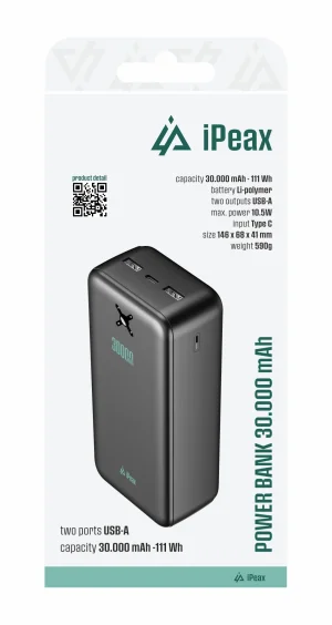 POWER BANKA 20000 mAh, 10,5W, 2x USB-A ČERNÁ