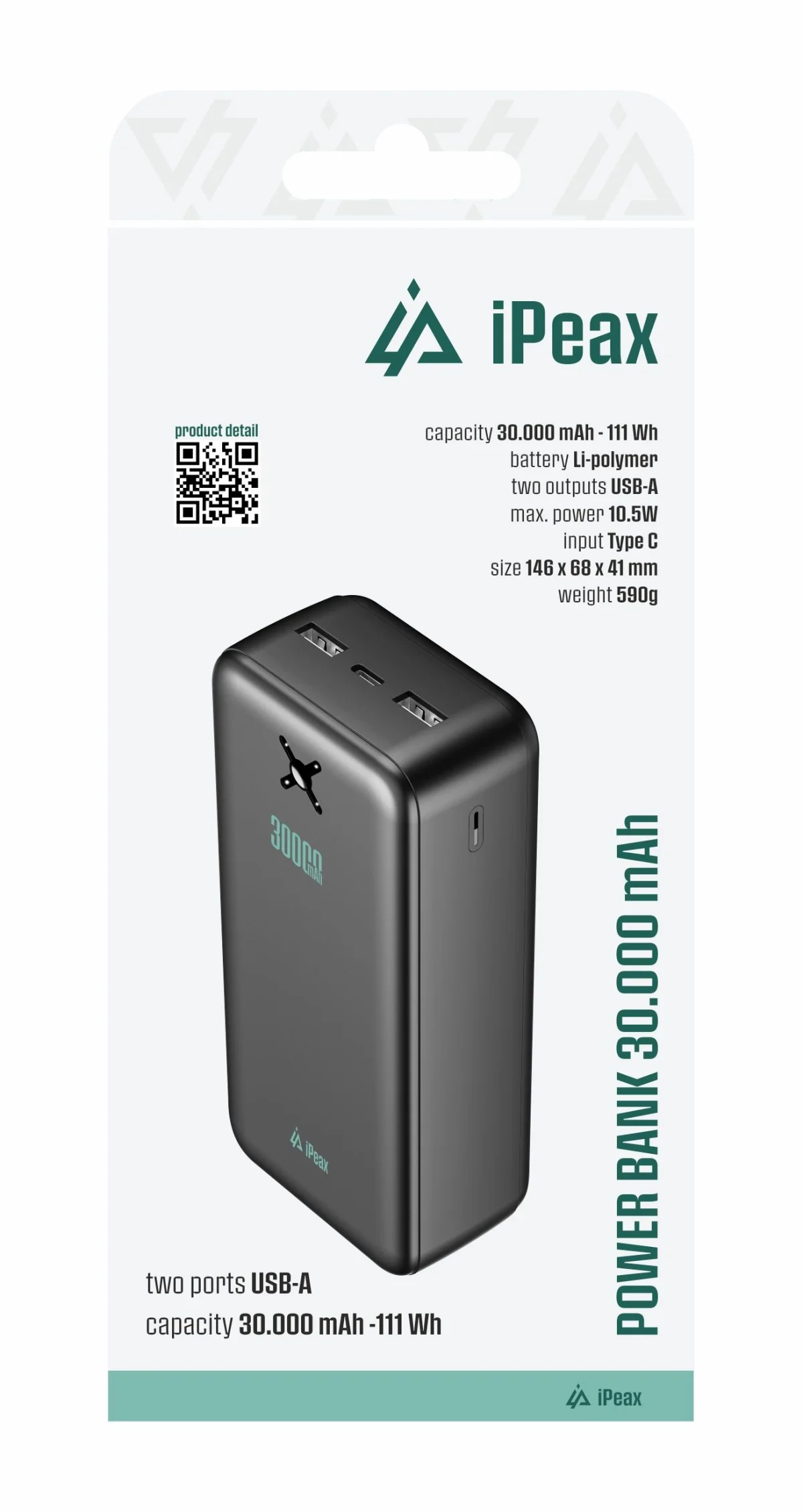 POWER BANKA 30000 mAh, 10,5W, 2x USB-A ČERNÁ