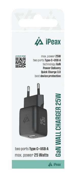 GaN SÍŤOVÁ NABÍJEČKA 25W (USB-C + USB-A) ČERNÁ
