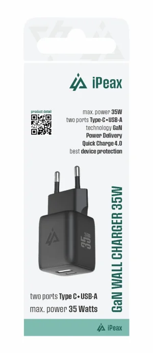 GaN SÍŤOVÁ NABÍJEČKA 35W (USB-C + USB-A) ČERNÁ