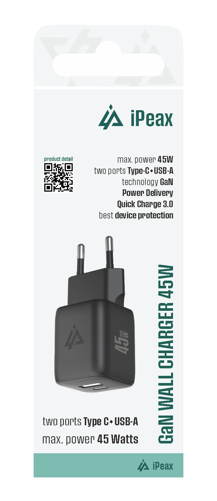 GaN SÍŤOVÁ NABÍJEČKA 45W (USB-C + USB-A) ČERNÁ