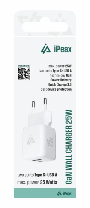 GaN SÍŤOVÁ NABÍJEČKA 25W (USB-C + USB-A) BÍLÁ