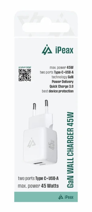 GaN SÍŤOVÁ NABÍJEČKA 45W (USB-C + USB-A) BÍLÁ